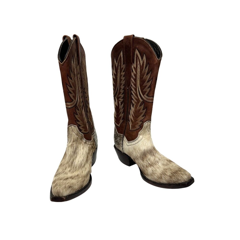 Rock Em Boots Women's 6 Leather & Hair-On Hide Western Cowboy Boots Brown/Beige